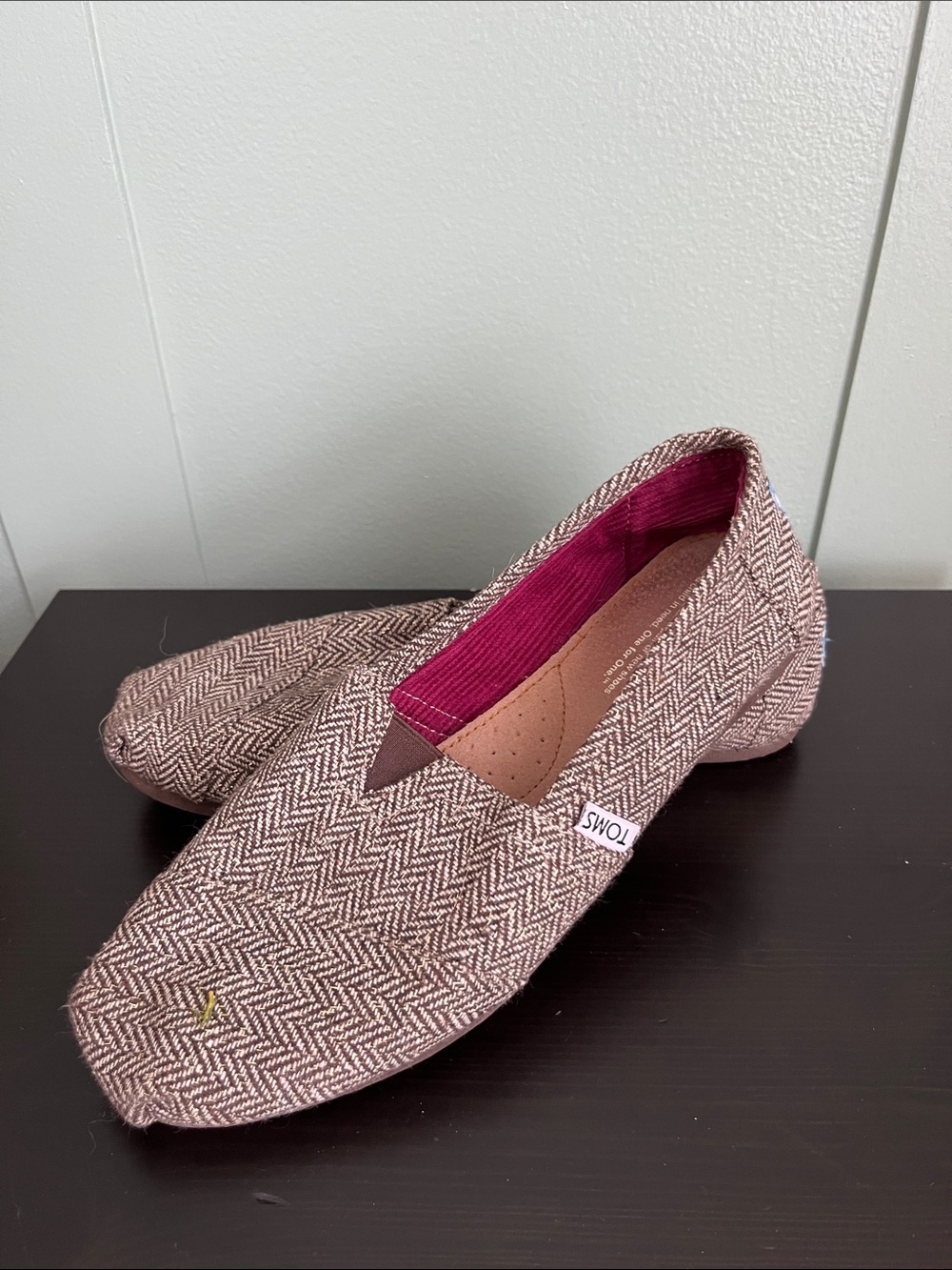 Toms Women's Herringbone Slip-On Flats in Brown with Gold Thread